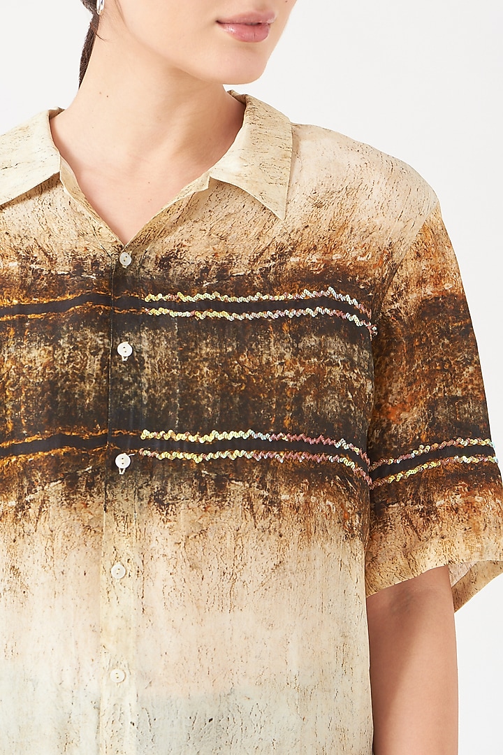 Beige Shirt With Gold Print by Breathe By Aakanksha Singh at Pernia's Pop Up Shop