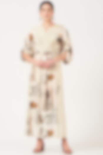 Beige Maxi Dress With Gold Print by Breathe By Aakanksha Singh