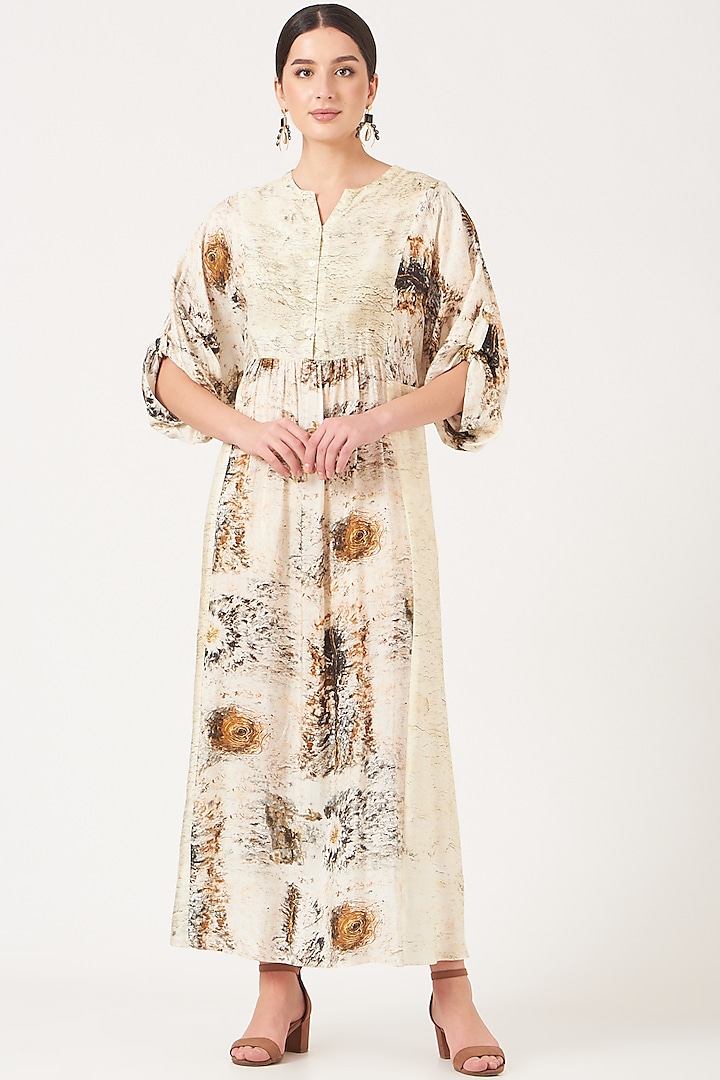 Beige Maxi Dress With Gold Print by Breathe By Aakanksha Singh