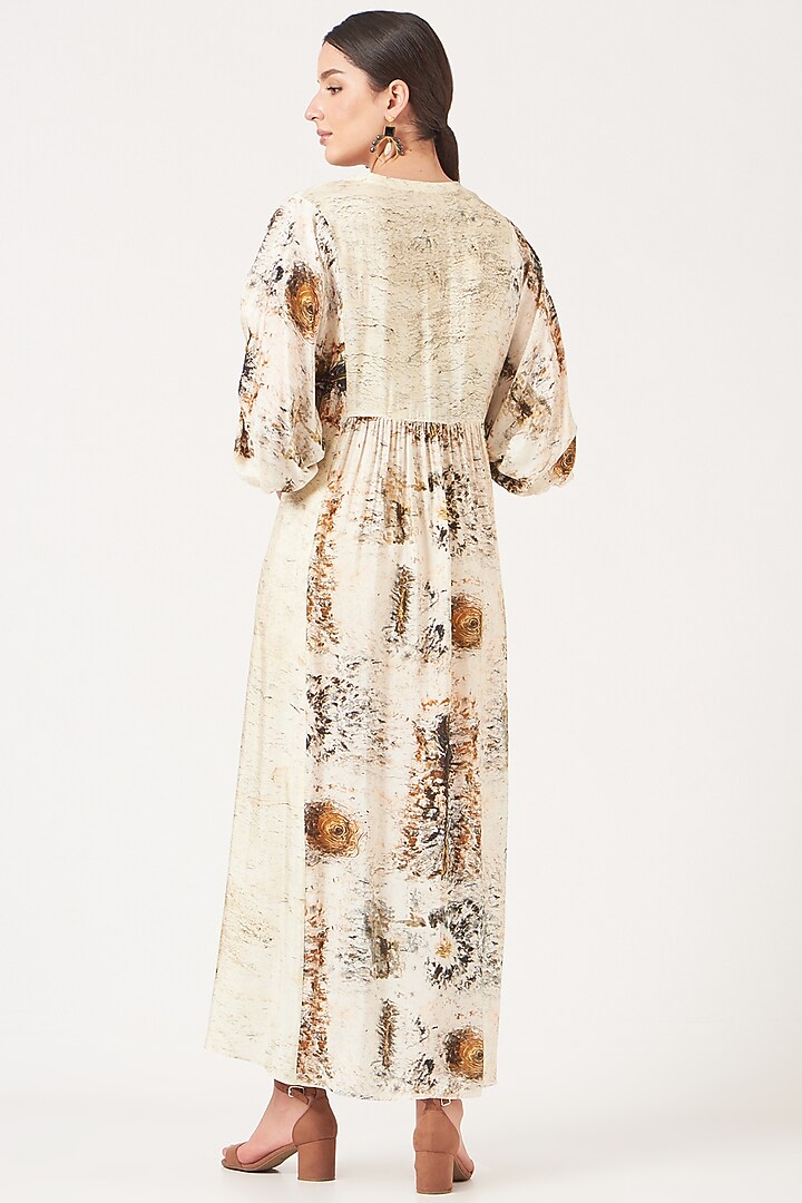 Beige Maxi Vacation Dress With Gold Print by Breathe By Aakanksha Singh at Pernia's Pop Up Shop