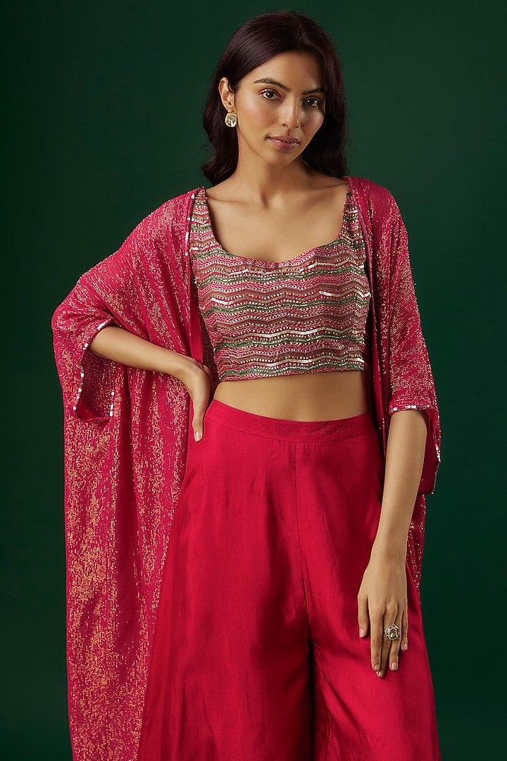 Fuchsia Red Silk Wedding Sharara Set by Breathe By Aakanksha Singh at Pernia's Pop Up Shop