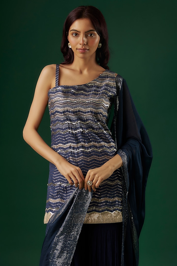 Cobalt Blue Brocade Wedding Sharara Set by Breathe By Aakanksha Singh at Pernia's Pop Up Shop