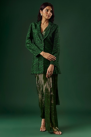 Deep Green Upada Silk & Shimmer Handpainted Draped Pant Saree Set by Breathe By Aakanksha Singh