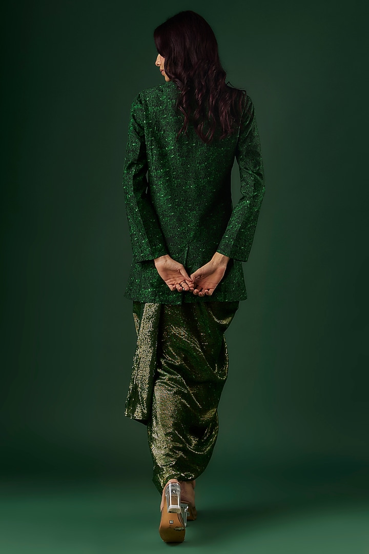 Deep Green Upada Silk & Shimmer Handpainted Draped Pant Wedding Saree Set by Breathe By Aakanksha Singh at Pernia's Pop Up Shop