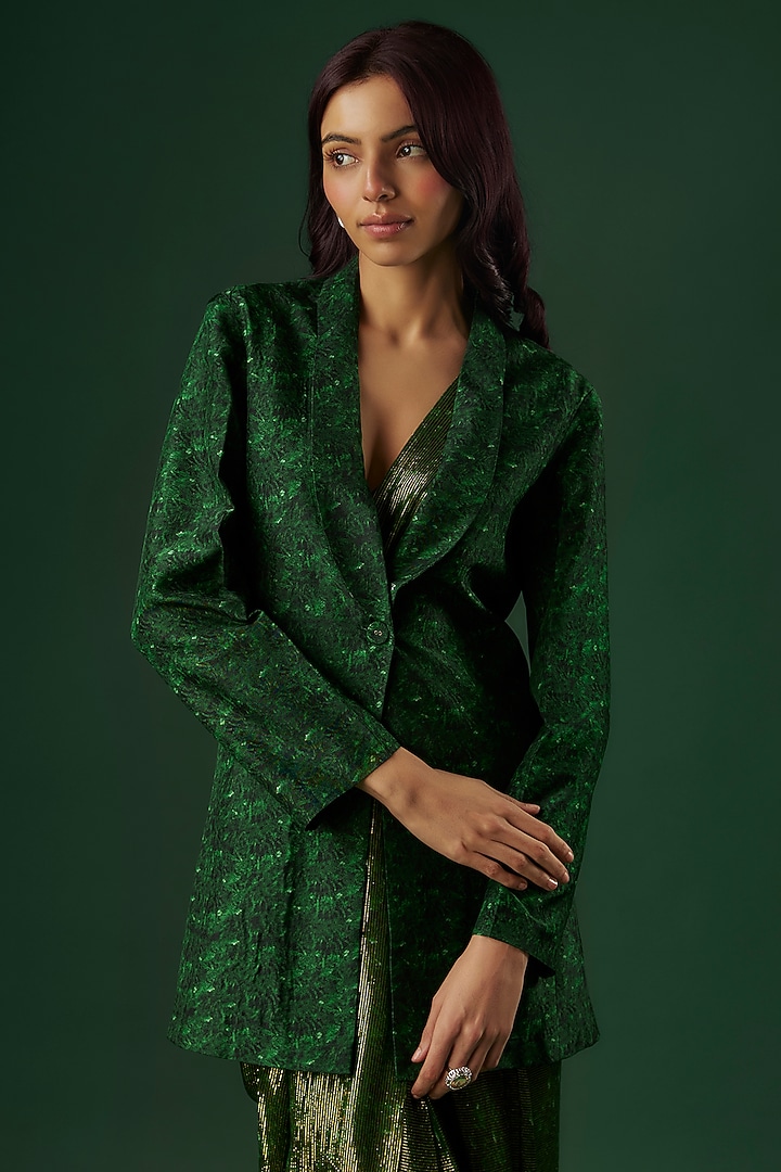 Deep Green Upada Silk & Shimmer Handpainted Draped Pant Wedding Saree Set by Breathe By Aakanksha Singh at Pernia's Pop Up Shop
