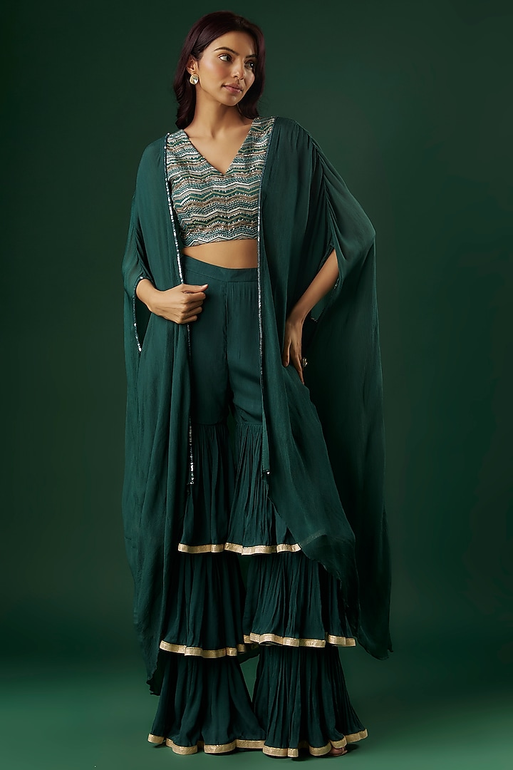 Deep Green Chinon Sharara Set by Breathe By Aakanksha Singh at Pernia's Pop Up Shop