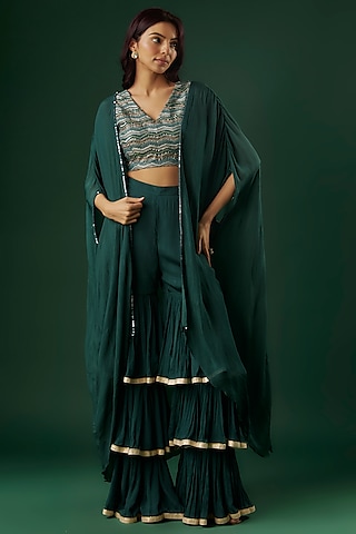 Deep Green Chinon Sharara Set by Breathe By Aakanksha Singh