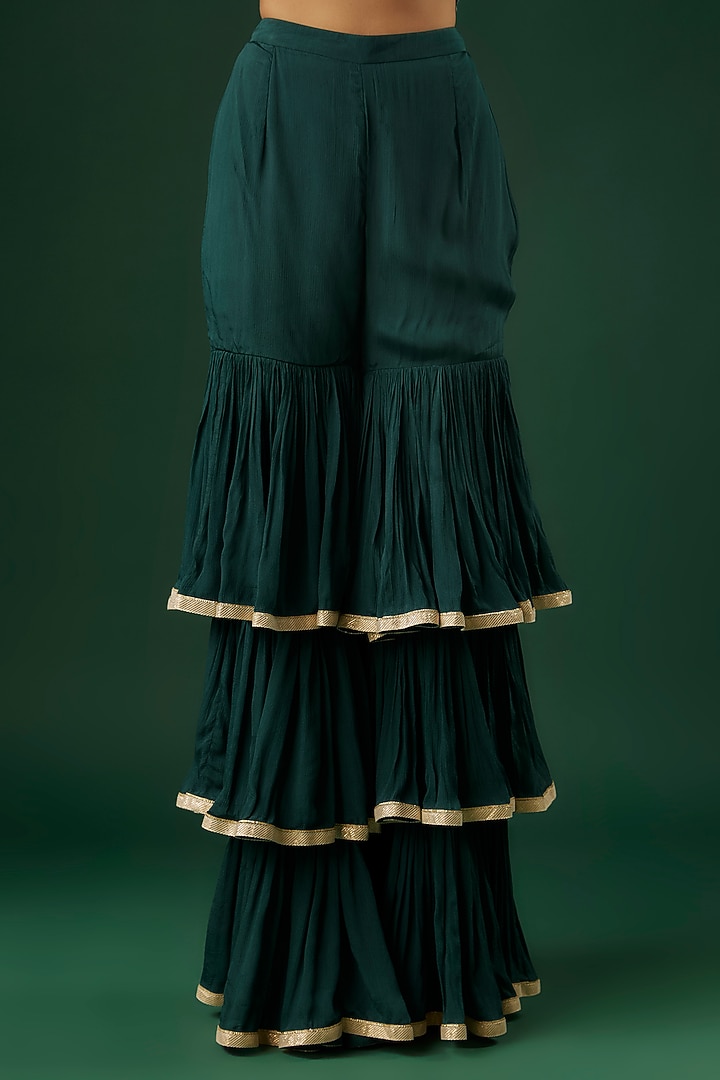 Deep Green Chinon Wedding Sharara Set by Breathe By Aakanksha Singh at Pernia's Pop Up Shop