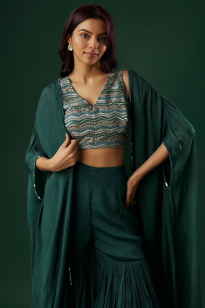 Deep Green Chinon Wedding Sharara Set by Breathe By Aakanksha Singh at Pernia's Pop Up Shop
