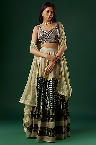 Green Brocade Chanderi Dabka Embroidered Tiered Lehenga Set by Breathe By Aakanksha Singh