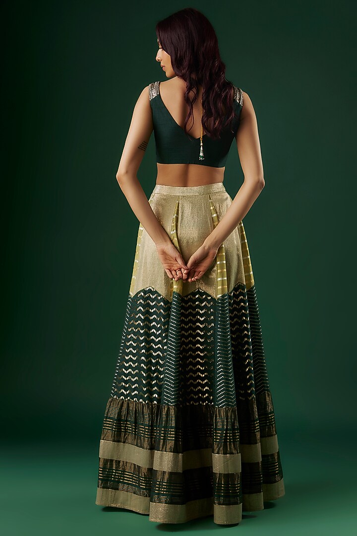 Green Brocade Chanderi Dabka Embroidered Tiered Wedding Lehenga Set by Breathe By Aakanksha Singh at Pernia's Pop Up Shop