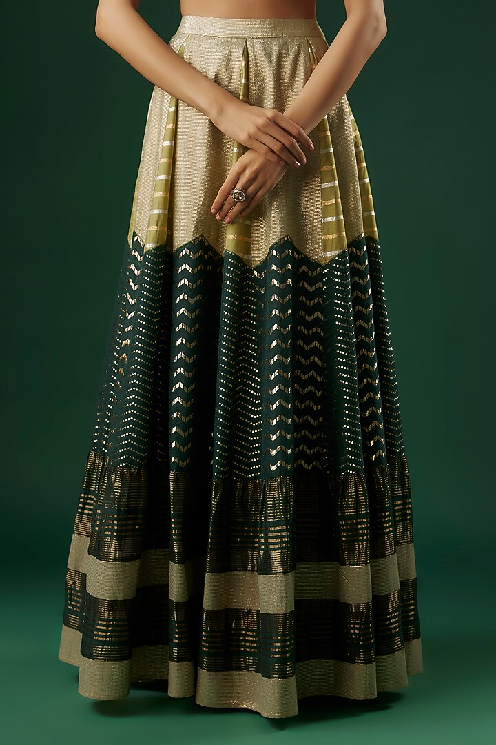 Green Brocade Chanderi Dabka Embroidered Tiered Wedding Lehenga Set by Breathe By Aakanksha Singh at Pernia's Pop Up Shop