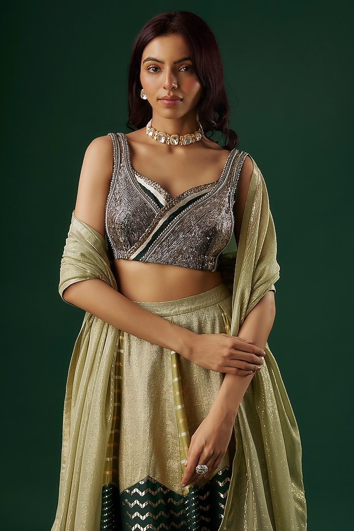 Green Brocade Chanderi Dabka Embroidered Tiered Wedding Lehenga Set by Breathe By Aakanksha Singh at Pernia's Pop Up Shop
