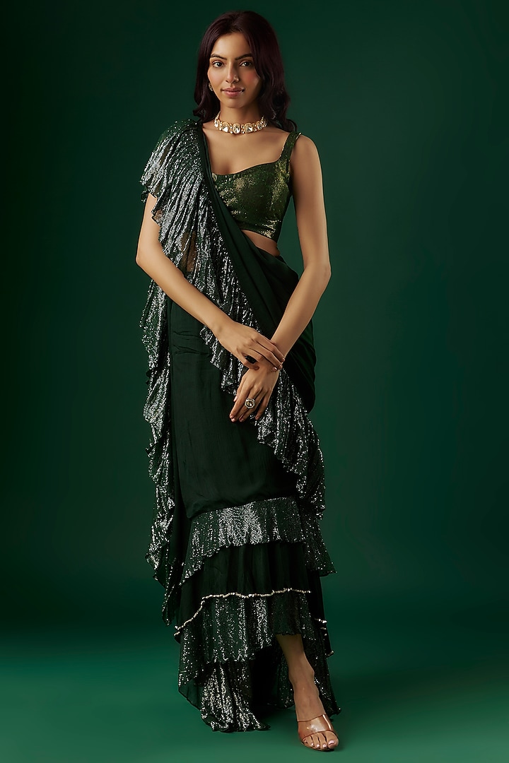 Deep Green Chinon & Shimmer Georgette Sequin Ruffled Saree Set by Breathe By Aakanksha Singh at Pernia's Pop Up Shop