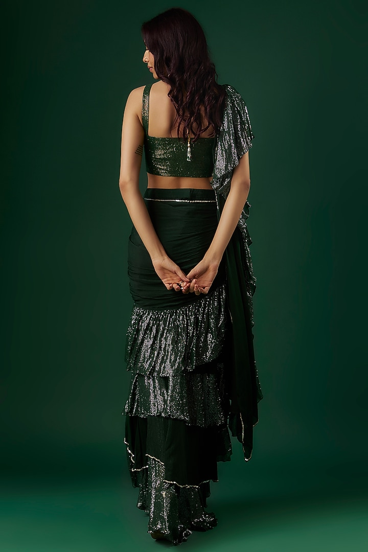 Deep Green Chinon & Shimmer Georgette Sequin Ruffled Wedding Saree Set by Breathe By Aakanksha Singh at Pernia's Pop Up Shop