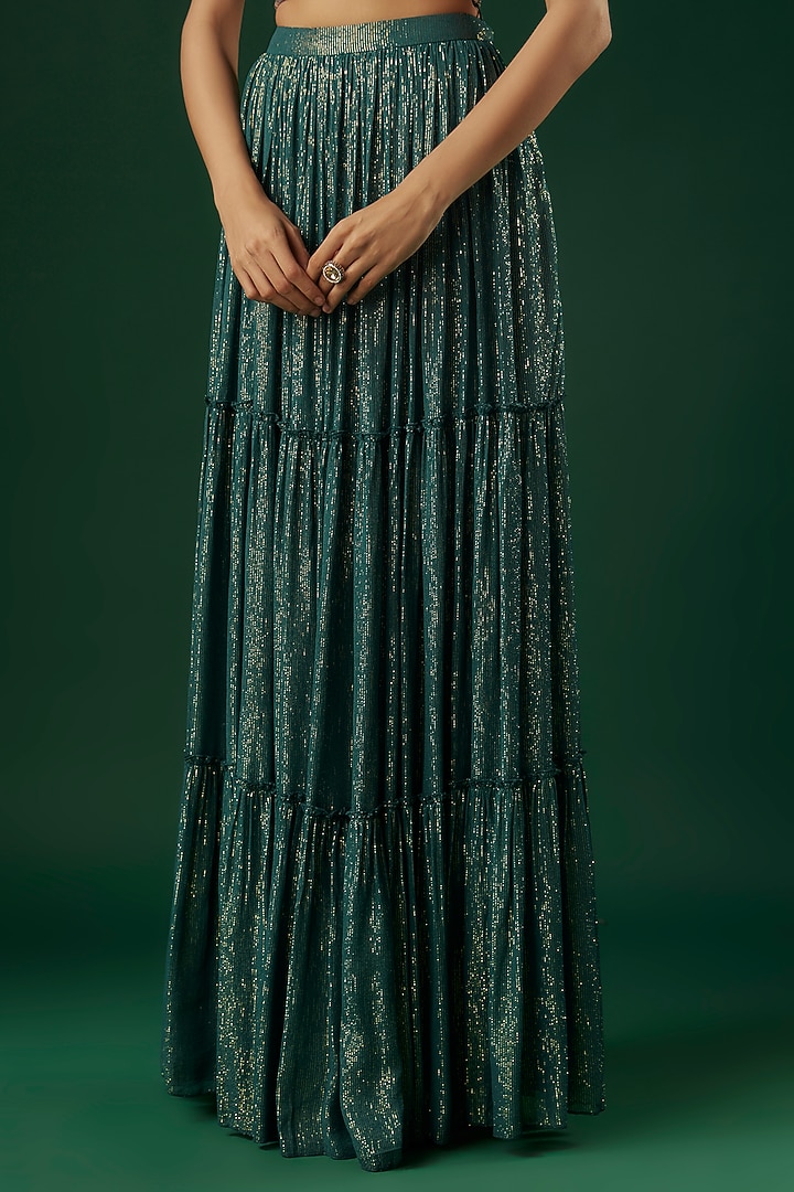 Avtar Blue Shimmer Georgette Tiered Wedding Lehenga Set by Breathe By Aakanksha Singh at Pernia's Pop Up Shop