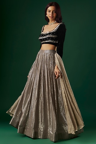 Silver Grey Shimmer Georgette Lehenga Set by Breathe By Aakanksha Singh
