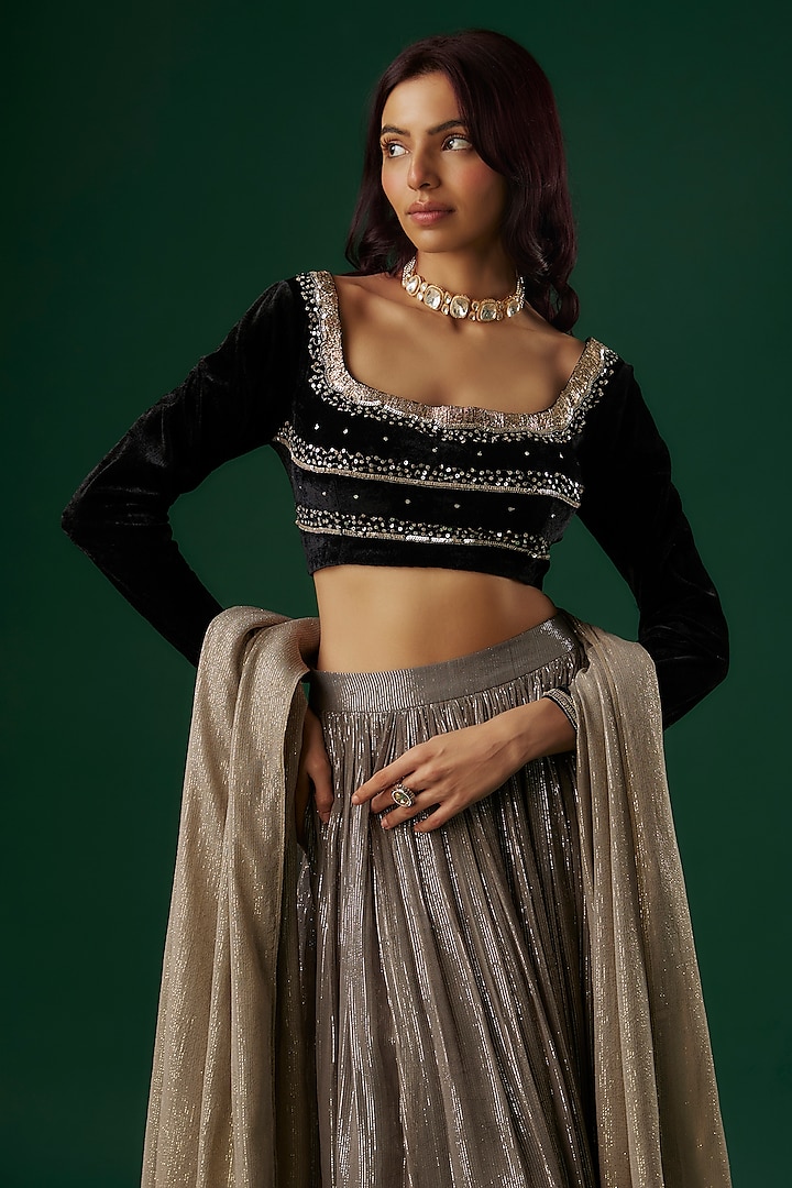 Silver Grey Shimmer Georgette Wedding Lehenga Set by Breathe By Aakanksha Singh at Pernia's Pop Up Shop