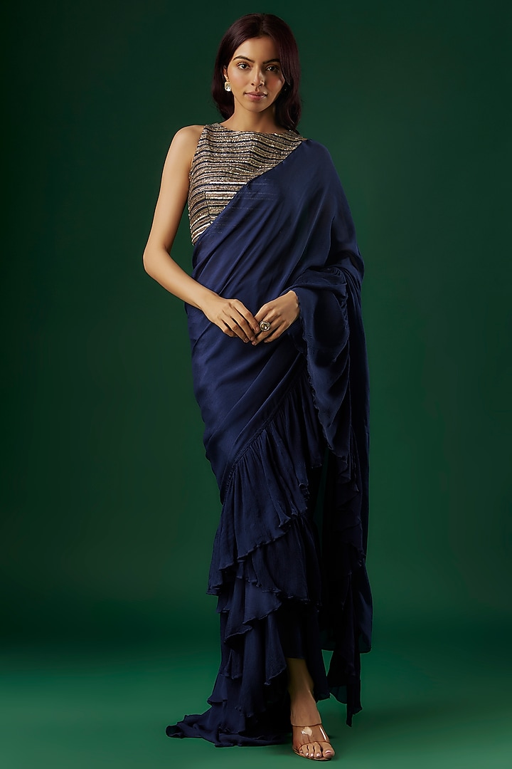 Navy Blue Chinon Ruffled Saree Set by Breathe By Aakanksha Singh at Pernia's Pop Up Shop