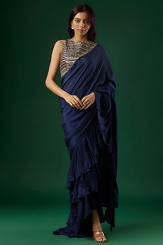 Navy Blue Chinon Ruffled Saree Set by Breathe By Aakanksha Singh