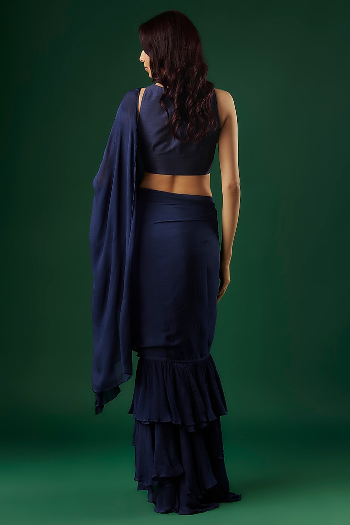 Navy Blue Chinon Ruffled Wedding Saree Set by Breathe By Aakanksha Singh at Pernia's Pop Up Shop