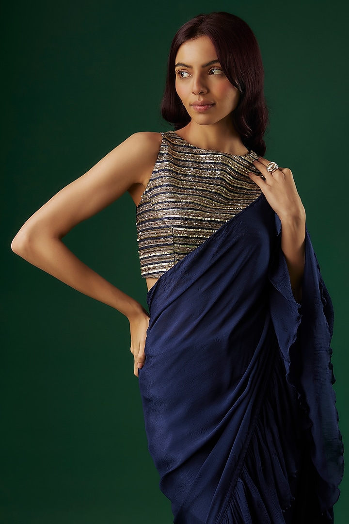 Navy Blue Chinon Ruffled Wedding Saree Set by Breathe By Aakanksha Singh at Pernia's Pop Up Shop