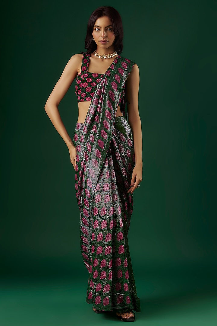 Wine Upada Silk & Shimmer Georgette Printed Pre-Draped Saree Set by Breathe By Aakanksha Singh at Pernia's Pop Up Shop