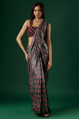 Wine Upada Silk & Shimmer Georgette Printed Pre-Draped Saree Set by Breathe By Aakanksha Singh