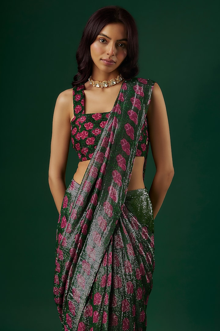 Wine Upada Silk & Shimmer Georgette Printed Pre-Draped Wedding Saree Set by Breathe By Aakanksha Singh at Pernia's Pop Up Shop