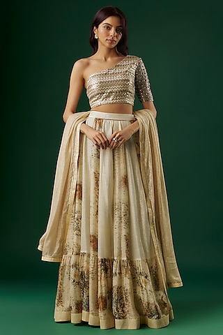 Off-White Shimmer Georgette Handpainted Lehenga Set by Breathe By Aakanksha Singh
