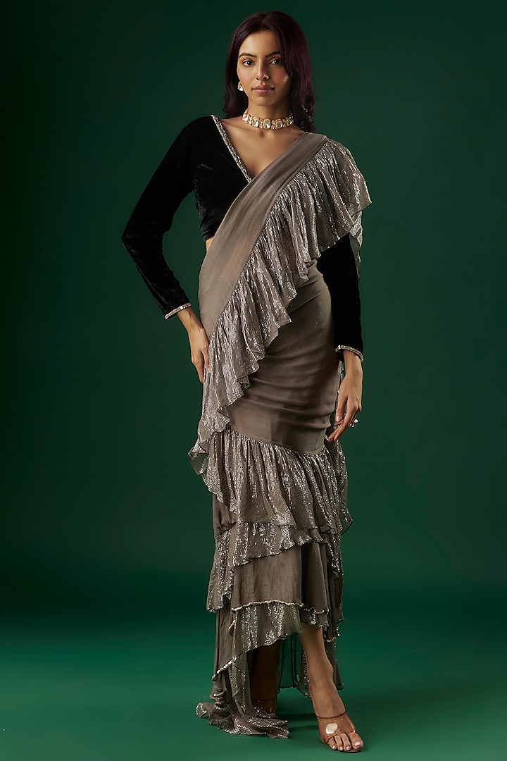 Grey Chinon & Shimmer Georgette Ruffled Saree Set by Breathe By Aakanksha Singh at Pernia's Pop Up Shop