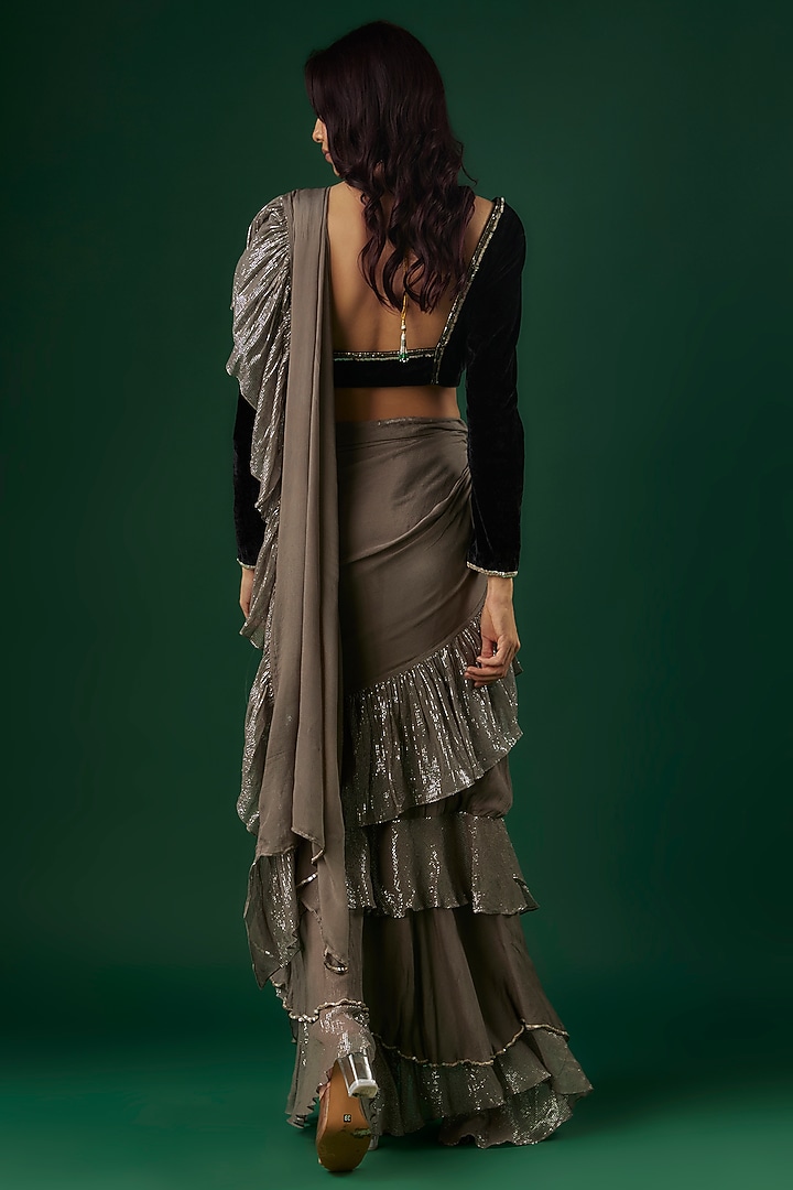 Grey Chinon & Shimmer Georgette Ruffled Wedding Saree Set by Breathe By Aakanksha Singh at Pernia's Pop Up Shop