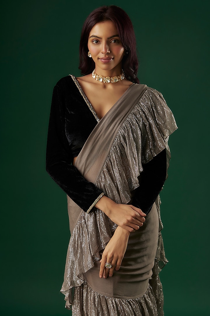 Grey Chinon & Shimmer Georgette Ruffled Wedding Saree Set by Breathe By Aakanksha Singh at Pernia's Pop Up Shop
