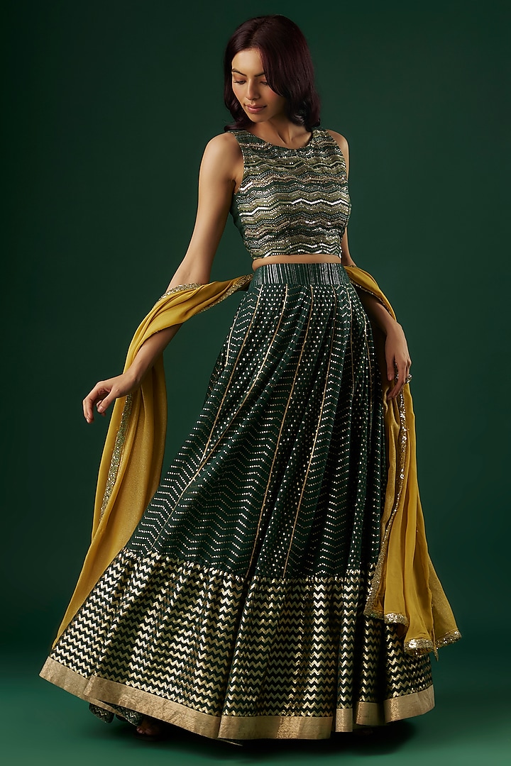 Deep Green Brocade Chanderi Dabka Embroidered Wedding Lehenga Set by Breathe By Aakanksha Singh at Pernia's Pop Up Shop