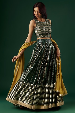 Deep Green Brocade Chanderi Dabka Embroidered Lehenga Set by Breathe By Aakanksha Singh