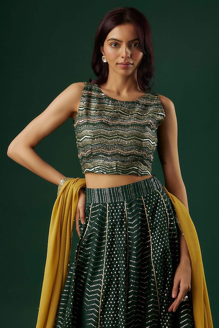 Deep Green Brocade Chanderi Dabka Embroidered Wedding Lehenga Set by Breathe By Aakanksha Singh at Pernia's Pop Up Shop