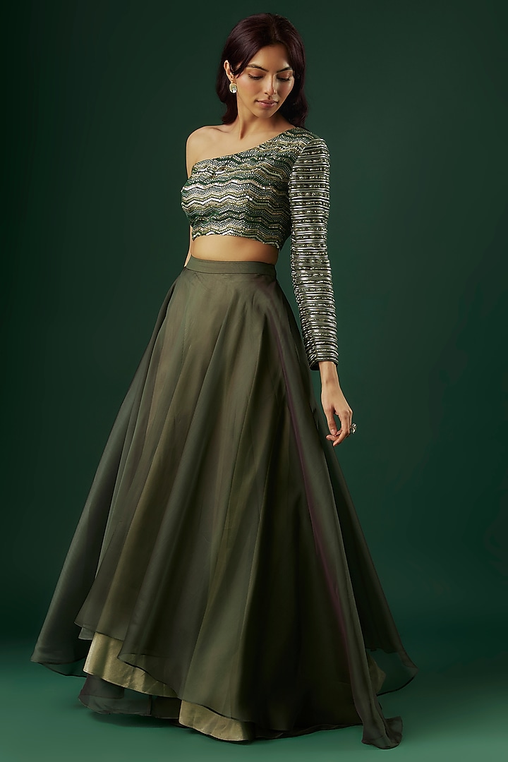 Green Organza Wedding Lehenga Set by Breathe By Aakanksha Singh at Pernia's Pop Up Shop