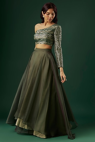 Green Organza Lehenga Set by Breathe By Aakanksha Singh