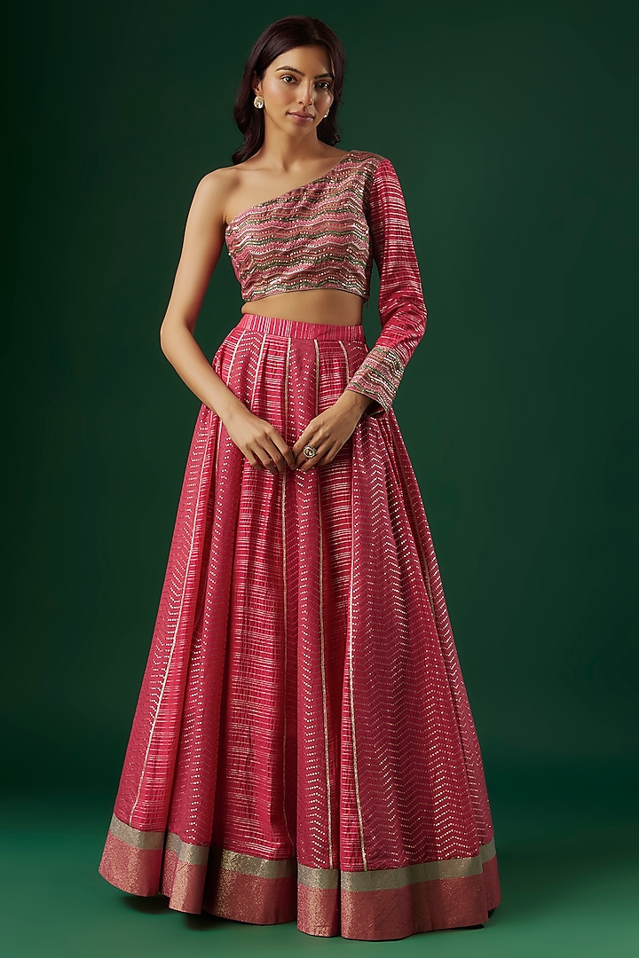 Fuchsia Red Brocade Chanderi Dabka Embroidered Wedding Lehenga Set by Breathe By Aakanksha Singh at Pernia's Pop Up Shop