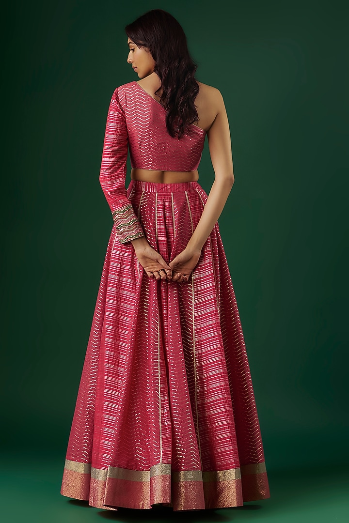 Fuchsia Red Brocade Chanderi Dabka Embroidered Wedding Lehenga Set by Breathe By Aakanksha Singh at Pernia's Pop Up Shop