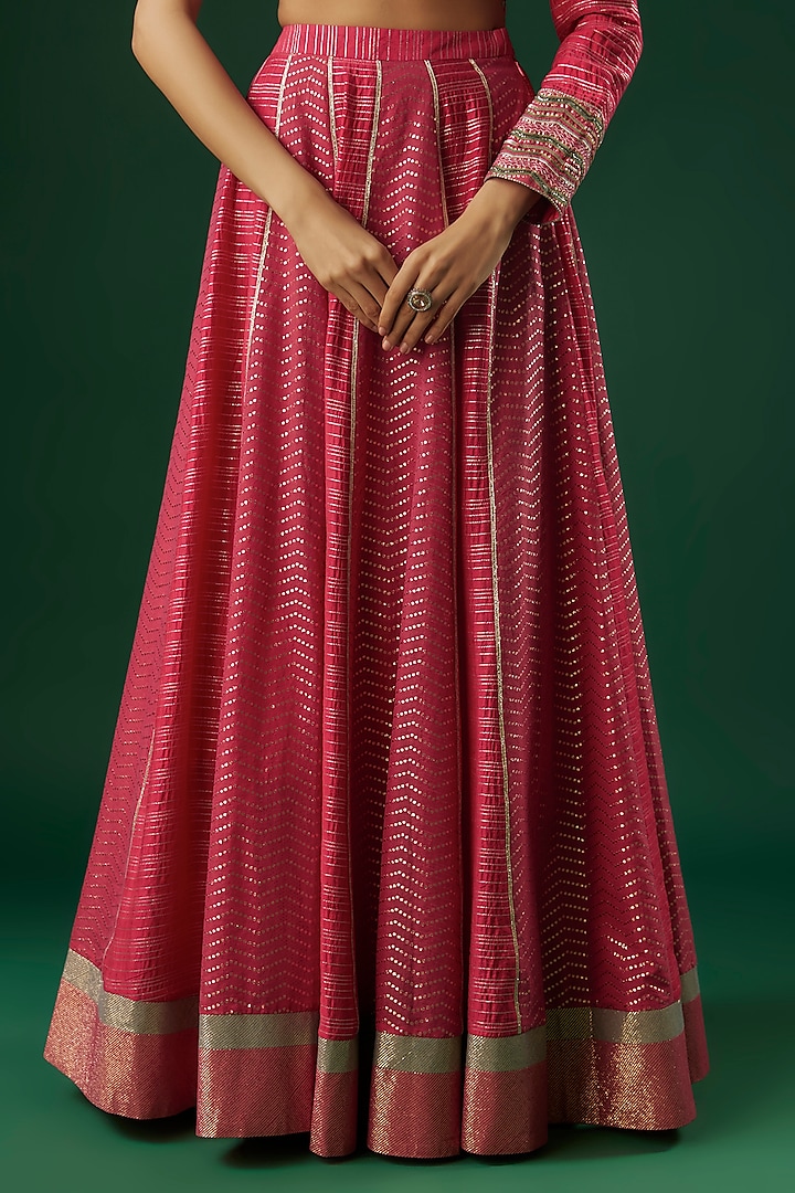 Fuchsia Red Brocade Chanderi Dabka Embroidered Wedding Lehenga Set by Breathe By Aakanksha Singh at Pernia's Pop Up Shop