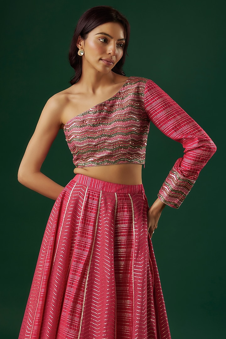 Fuchsia Red Brocade Chanderi Dabka Embroidered Wedding Lehenga Set by Breathe By Aakanksha Singh at Pernia's Pop Up Shop