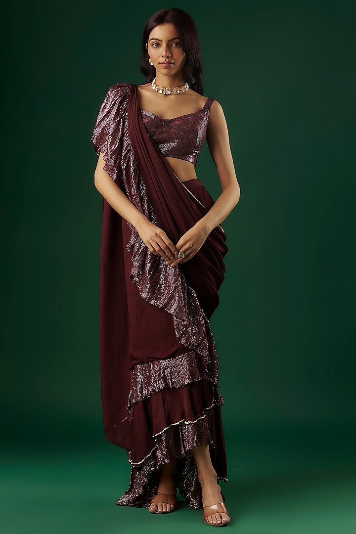 Deep Wine Shimmer Georgette Sequin Ruffled Saree Set by Breathe By Aakanksha Singh
