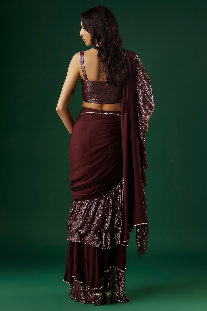 Deep Wine Shimmer Georgette Sequin Ruffled Wedding Saree Set by Breathe By Aakanksha Singh at Pernia's Pop Up Shop