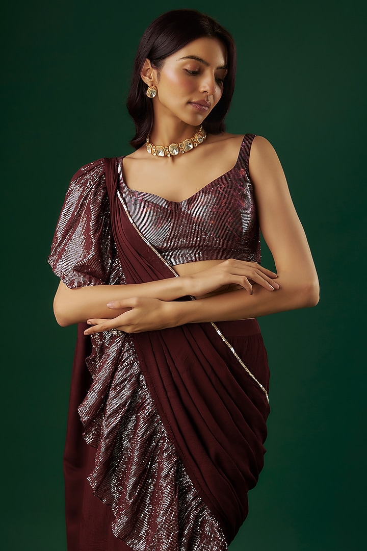Deep Wine Shimmer Georgette Sequin Ruffled Wedding Saree Set by Breathe By Aakanksha Singh at Pernia's Pop Up Shop