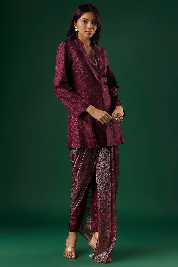 Deep Wine Upada Silk & Shimmer Georgette Handpainted Draped Pant Saree Set by Breathe By Aakanksha Singh