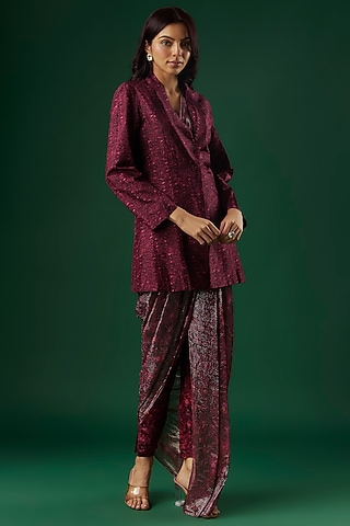 Deep Wine Upada Silk & Shimmer Georgette Handpainted Draped Pant Saree Set by Breathe By Aakanksha Singh