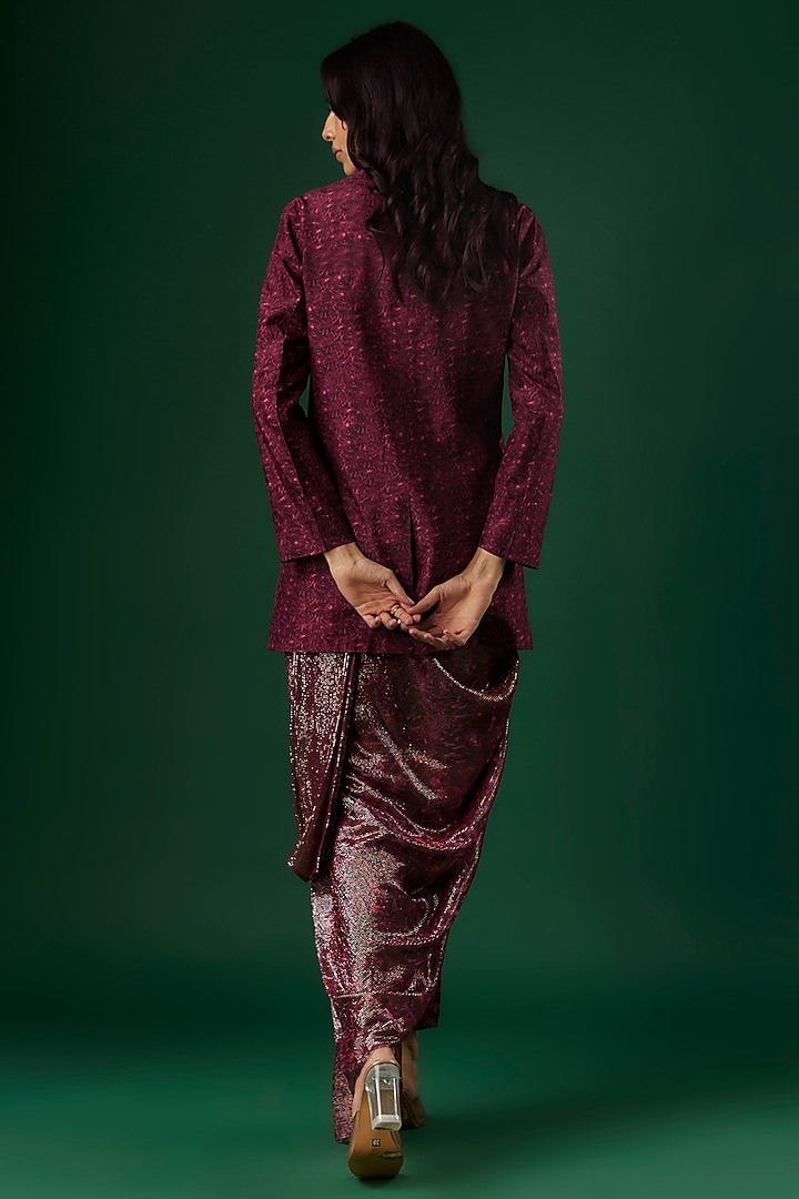 Deep Wine Upada Silk & Shimmer Georgette Handpainted Draped Pant Wedding Saree Set by Breathe By Aakanksha Singh at Pernia's Pop Up Shop
