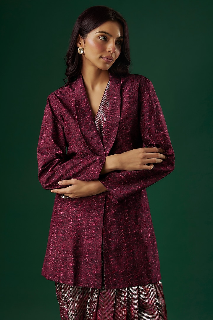 Deep Wine Upada Silk & Shimmer Georgette Handpainted Draped Pant Wedding Saree Set by Breathe By Aakanksha Singh at Pernia's Pop Up Shop