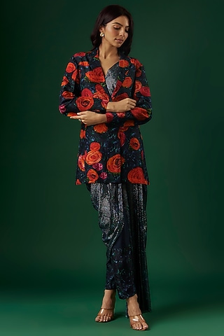 Deep Blue Upada Silk & Shimmer Georgette Floral Printed Draped Pant Saree Set by Breathe By Aakanksha Singh